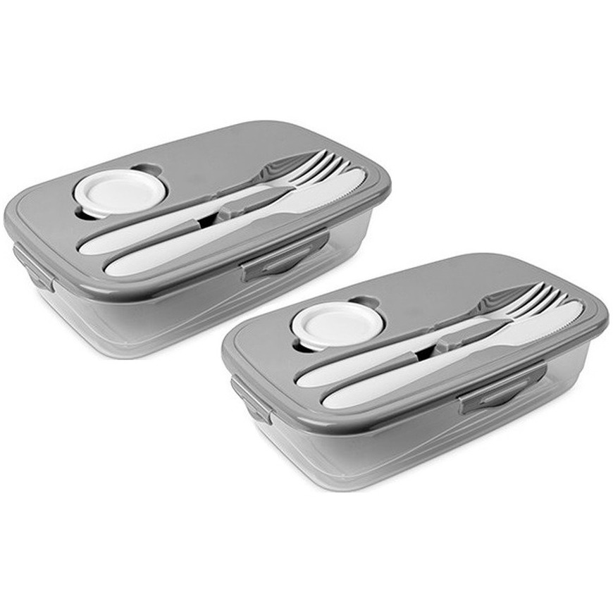 2x Lunchboxen grijs met bestek 1 liter plastic