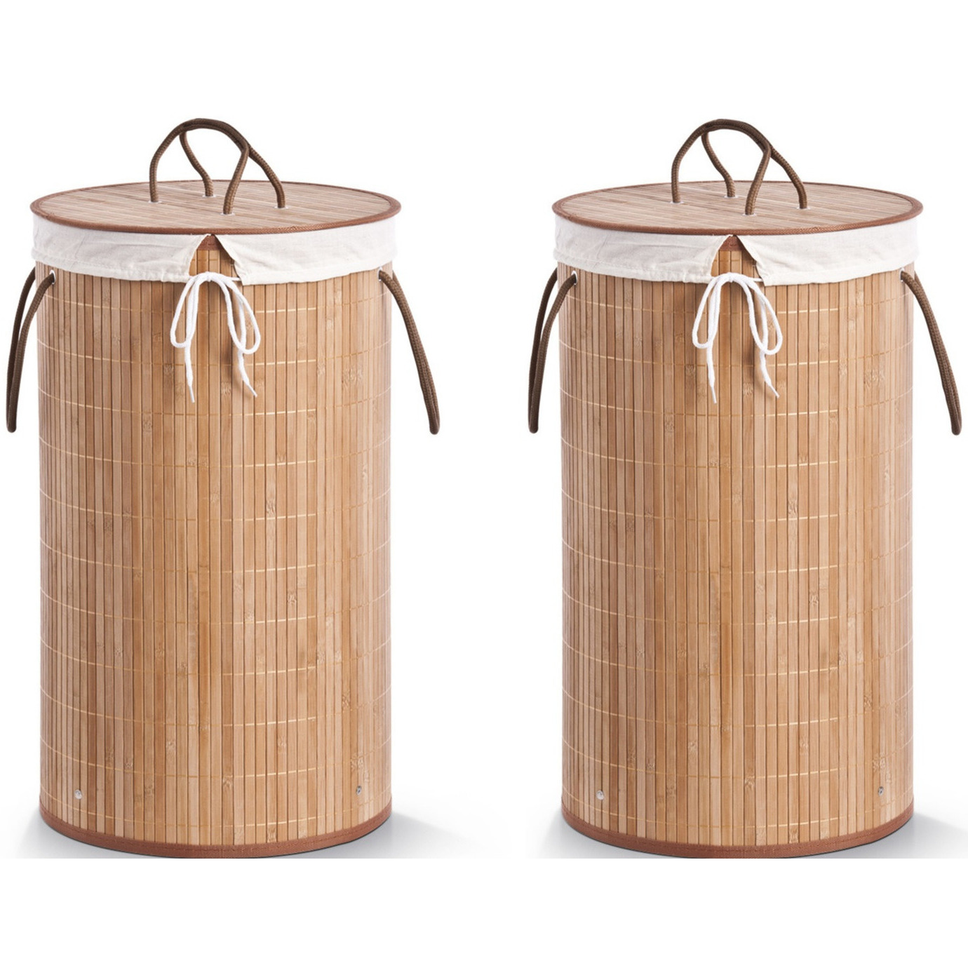 2x Luxe ronde bruine wasmanden van bamboe hout 35 x 60 cm