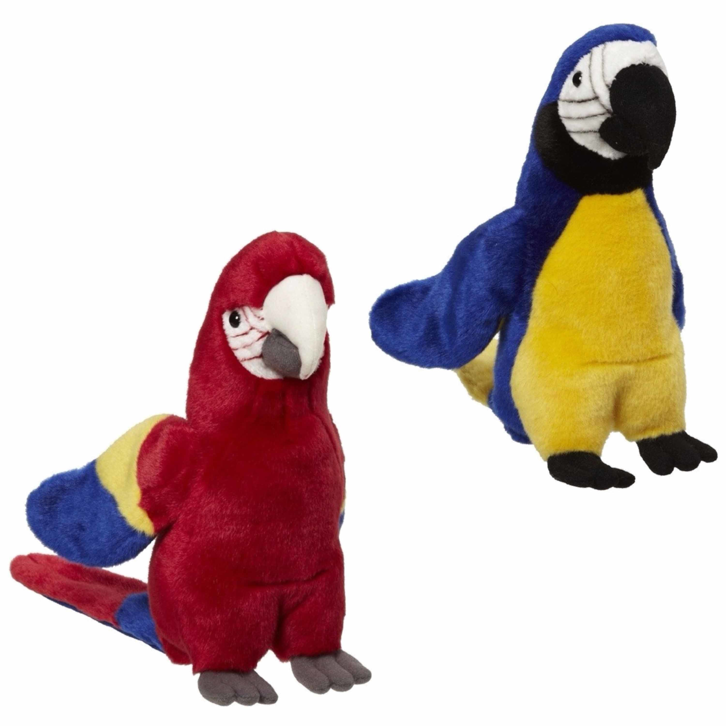 2x Pluche papegaaien knuffels rood en blauw 21 cm