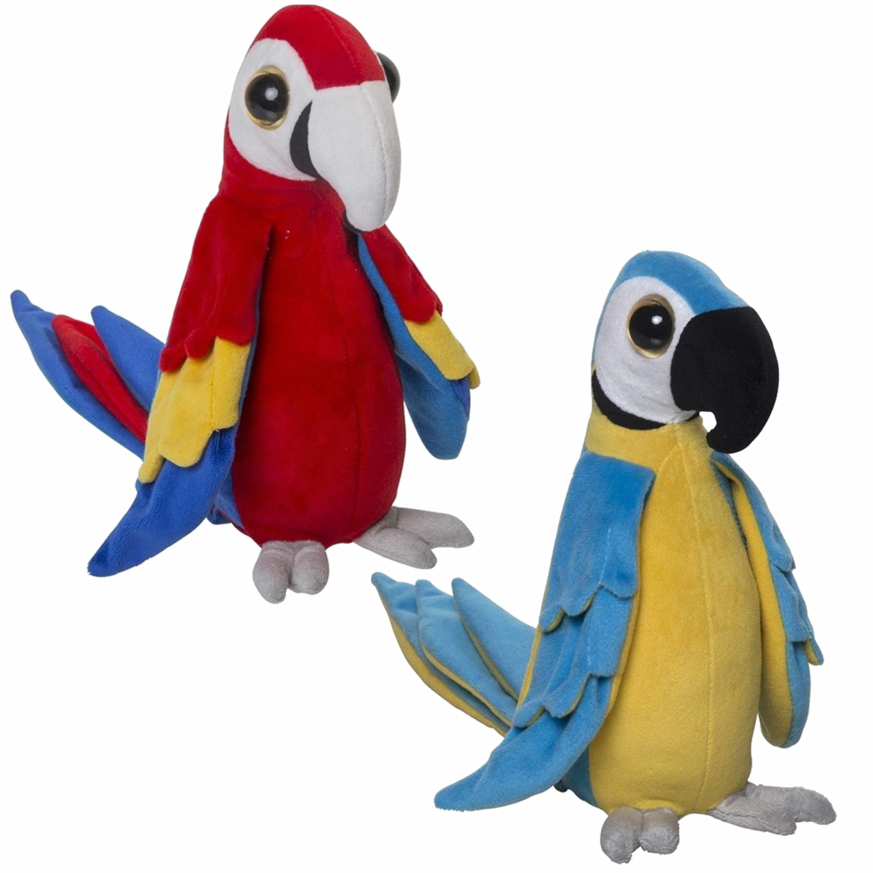 2x Pluche papegaaien knuffels rood en blauw 25 cm -