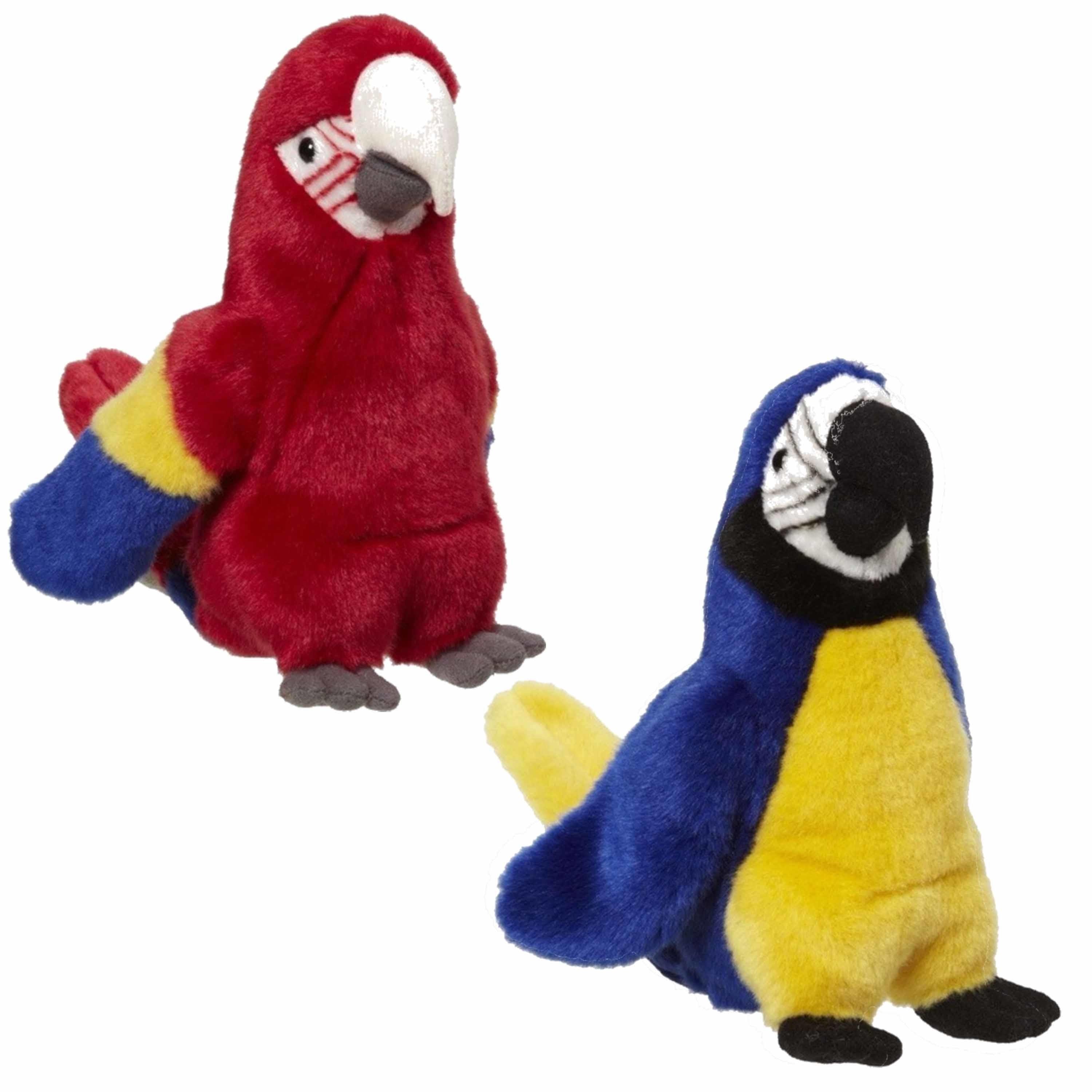 2x Pluche papegaaien knuffels rood en blauw 26 cm