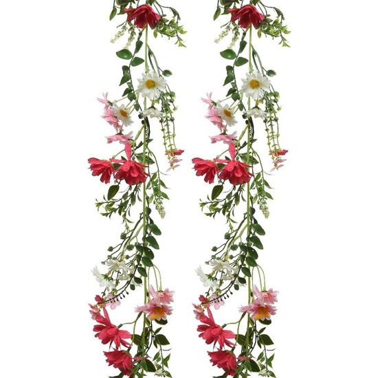 2x Roze/witte kunsttak kunstplanten slingers 180 cm - Kunstplanten/kunsttakken