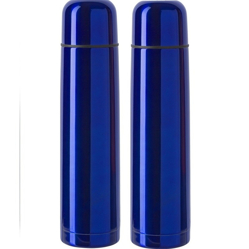 2x RVS thermosflessen-isoleerkannen 1 liter blauw