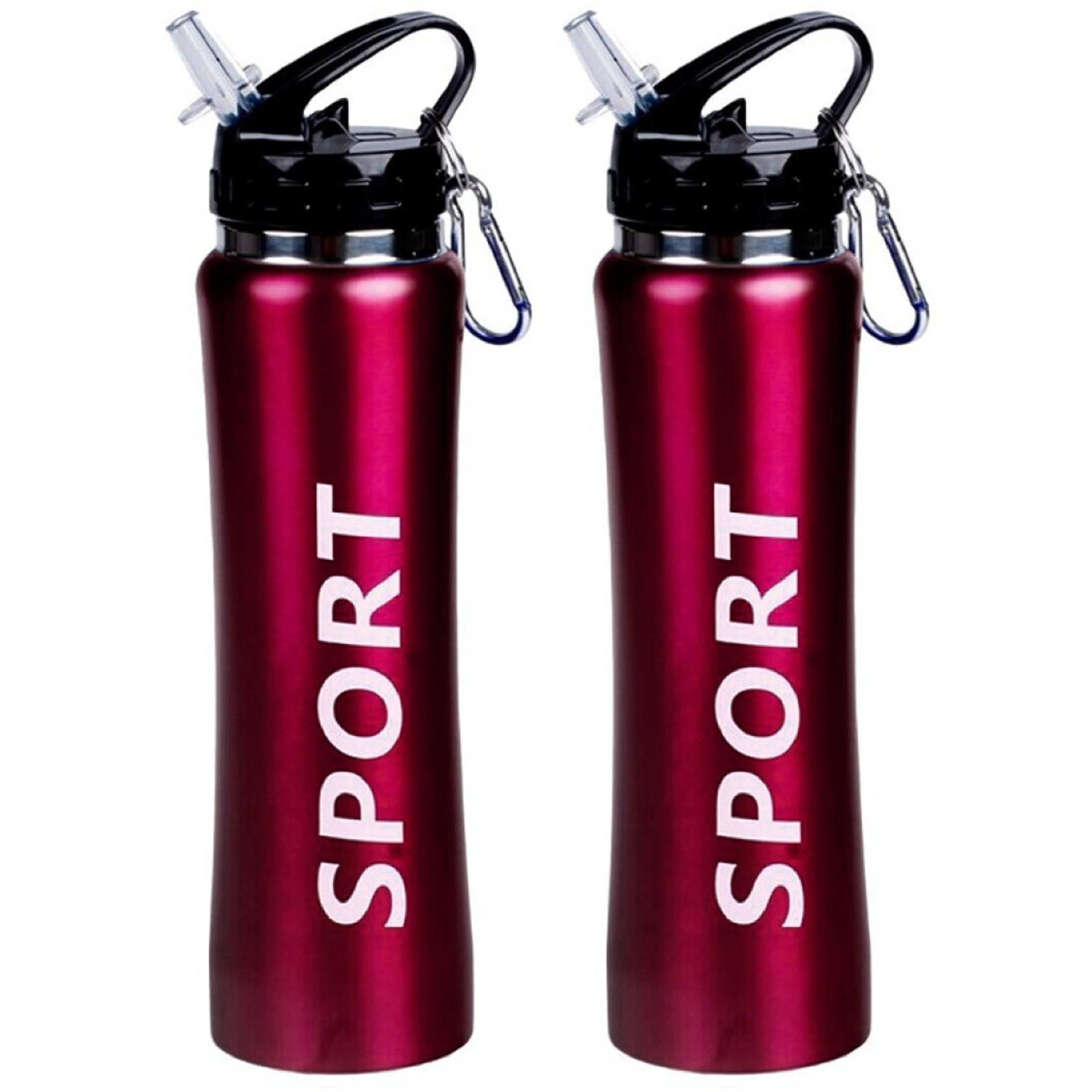 2x Sport Bidon drinkfles/waterfles Sport print rood 600 Ml van Aluminium met karabijnhaak