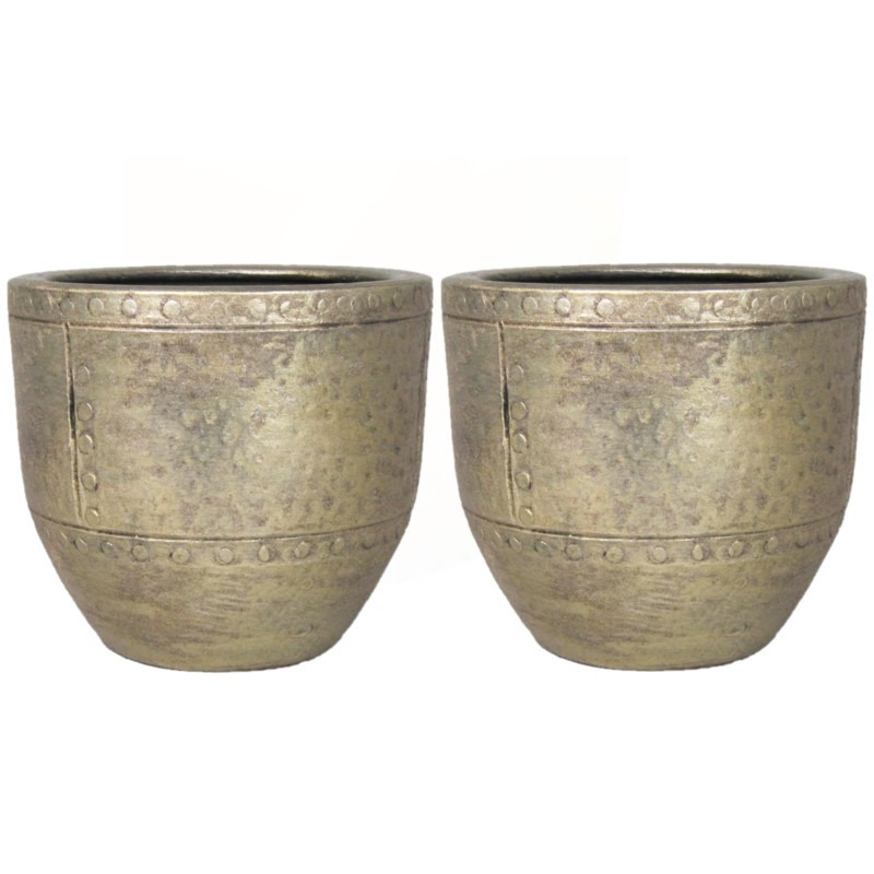2x stuks bloempot-plantenpot van keramiek in het industrieel goud D16 en H14 cm