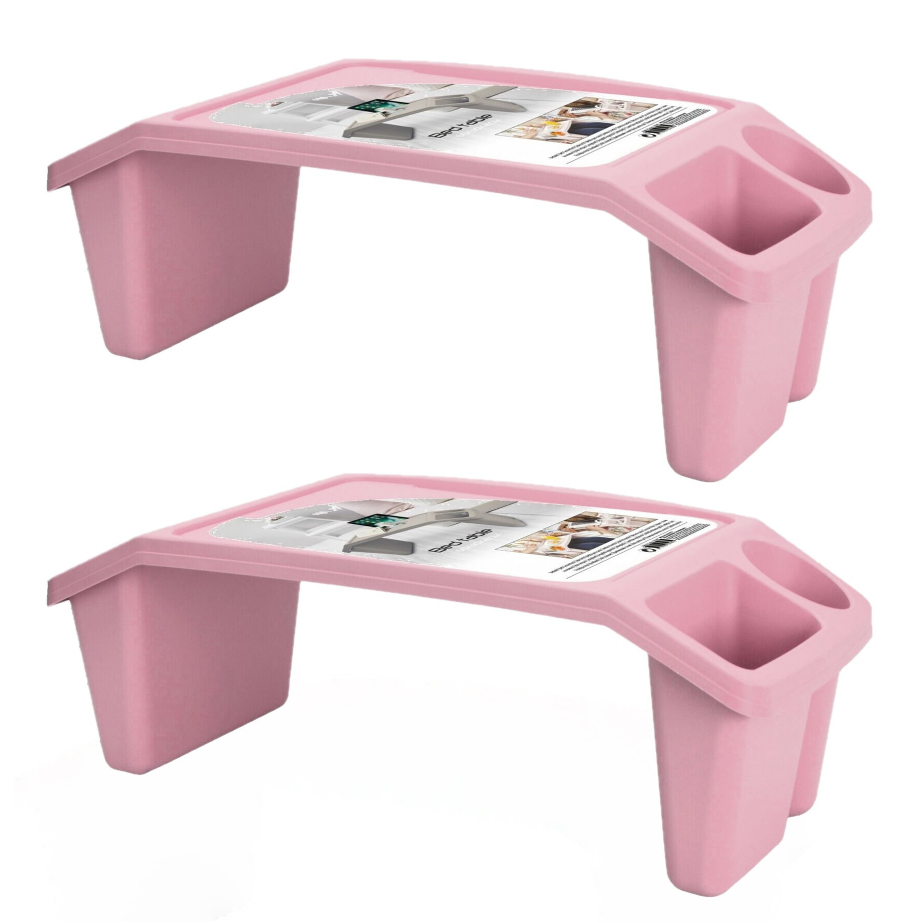 2x stuks dienbladen-schoottafels kunststof met opbergvakjes roze L60 x B30 x H21 cm
