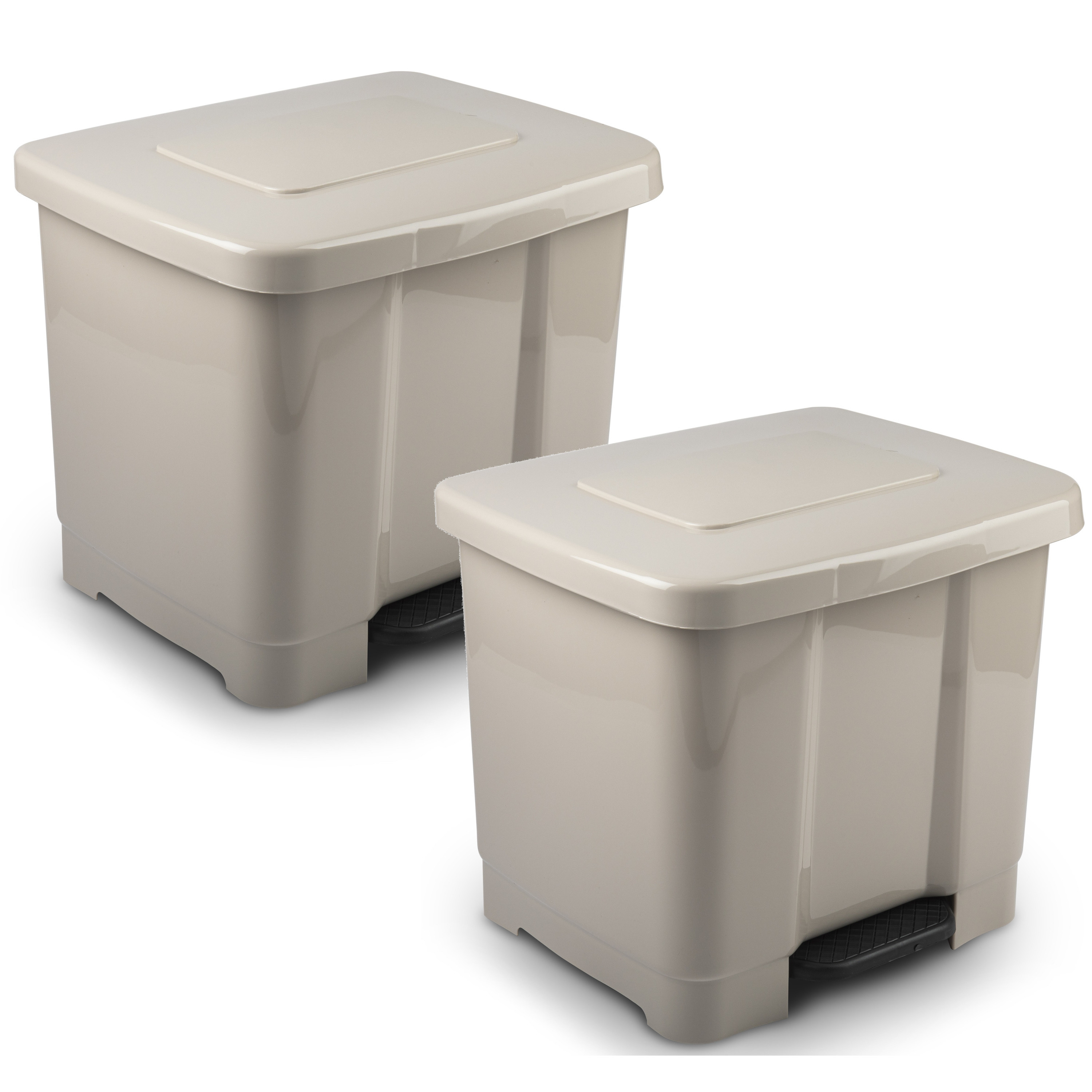 2x Stuks dubbele-2-vaks afvalemmer-vuilnisemmer taupe 35 liter met deksel en pedaal