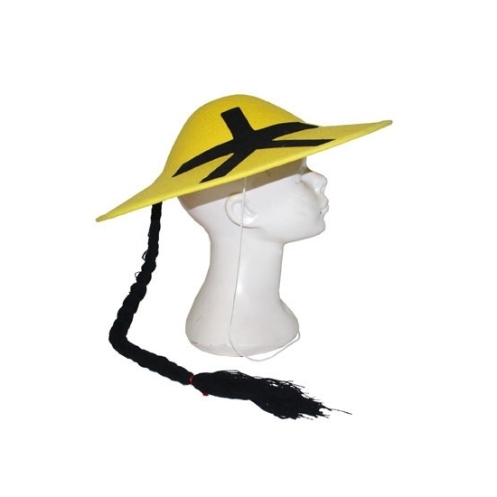 2x stuks geel Chinezen-Aziatische verkleed thema hoedje met vlecht