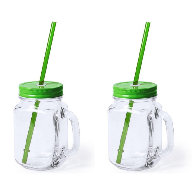 2x stuks glazen Mason Jar drinkbekers groene dop-rietje 500 ml