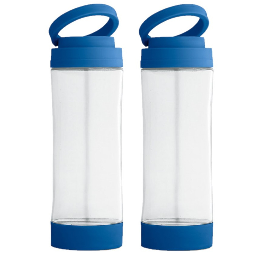 2x Stuks glazen waterfles-drinkfles met blauwe kunststof schroefdop en smartphone houder 390 ml
