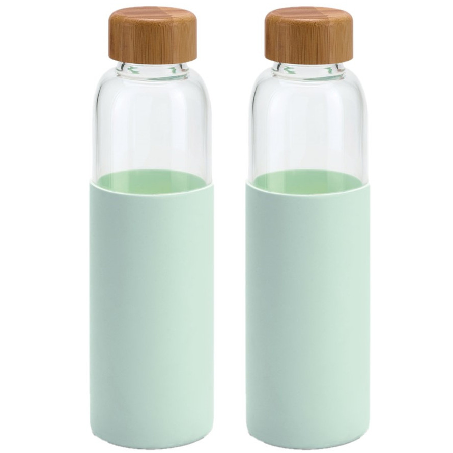 2x Stuks glazen waterfles-drinkfles met mint groene siliconen bescherm hoes 600 ml