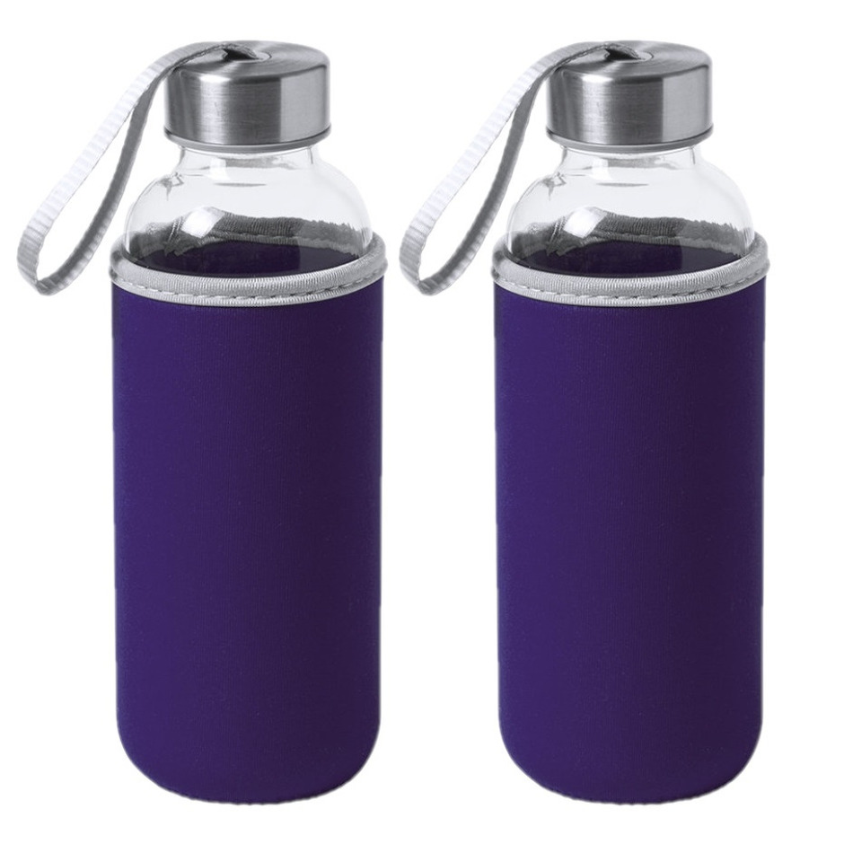 2x Stuks glazen waterfles-drinkfles met paarse softshell bescherm hoes 420 ml