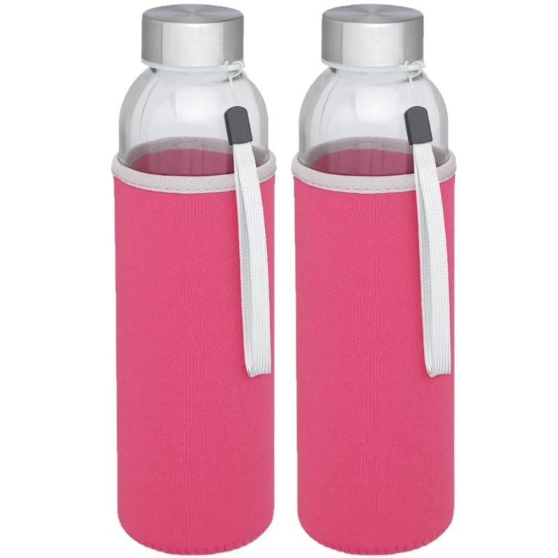 2x stuks glazen waterfles-drinkfles met roze softshell bescherm hoes 500 ml