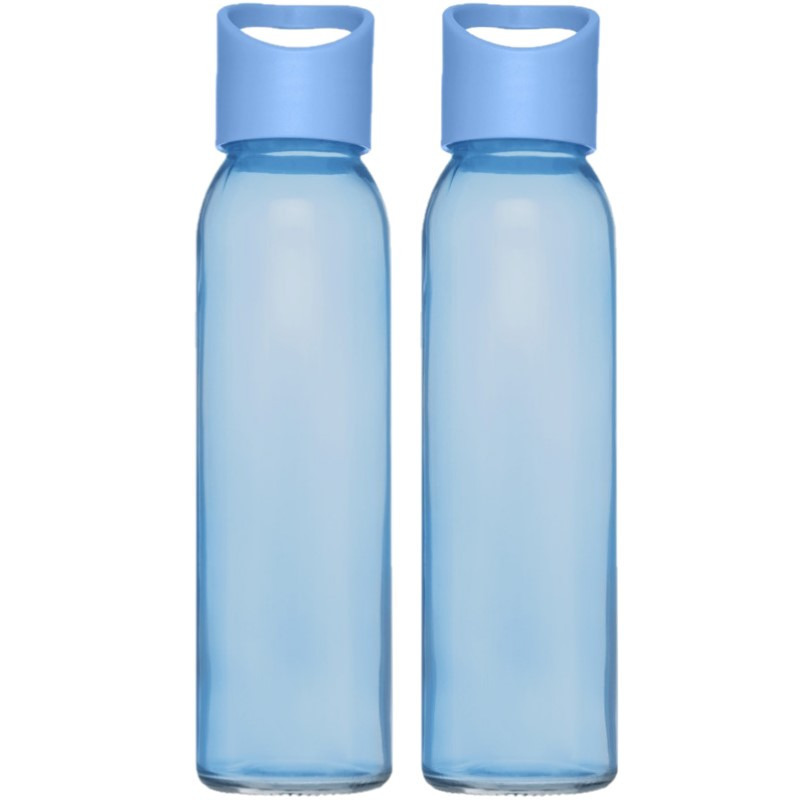 2x stuks glazen waterfles-drinkfles transparant blauw met schroefdop met handvat 500 ml