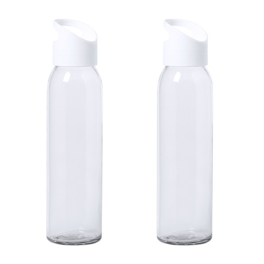 2x Stuks glazen waterfles-drinkfles transparant met schroefdop met wit handvat 470 ml