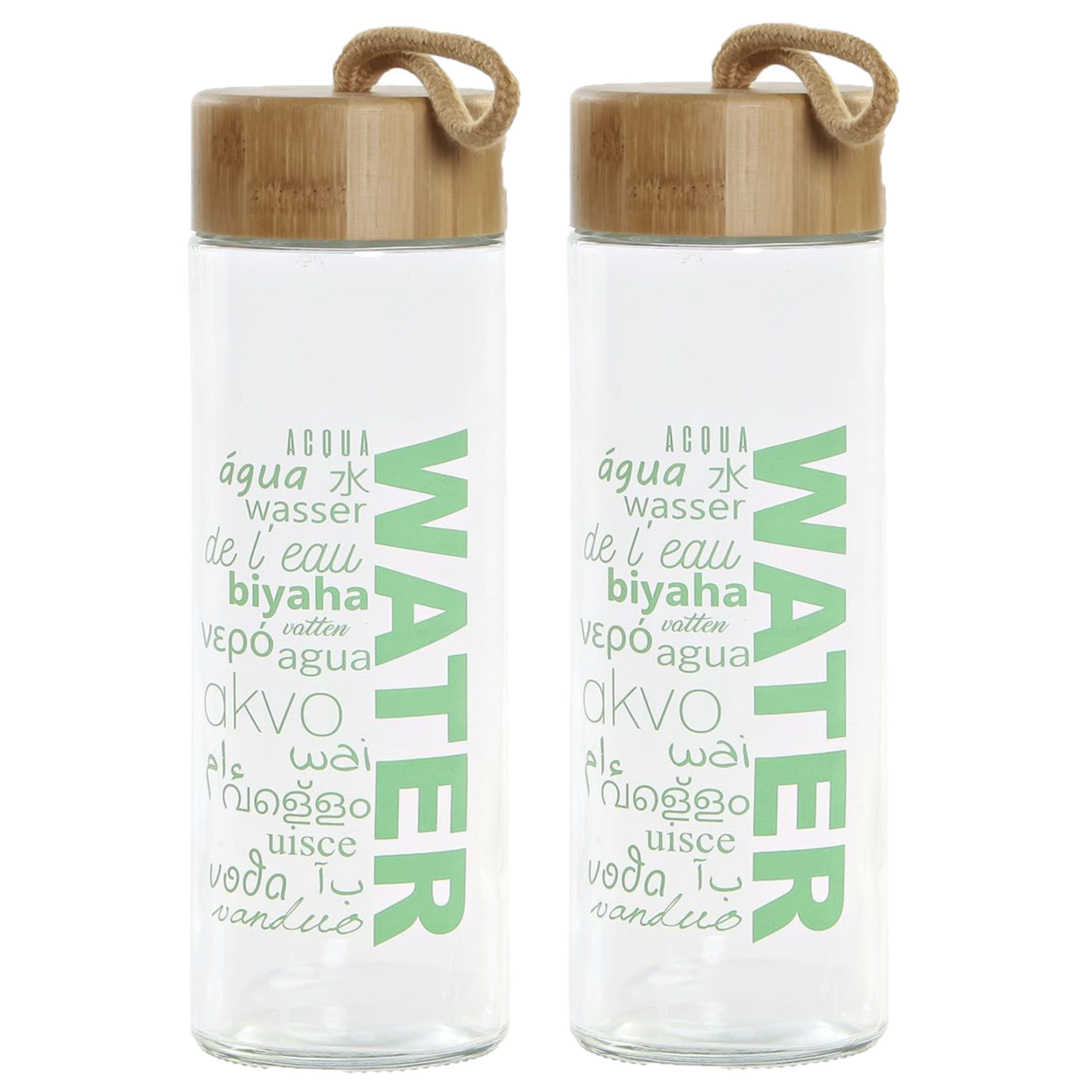 2x stuks glazen waterflessen-drinkflessen groen transparant met touwtje 580 ml