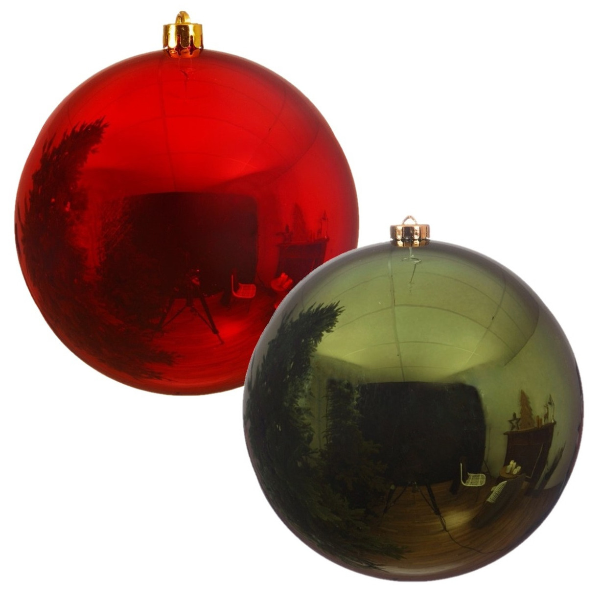 2x stuks grote kerstballen van 20 cm glans van kunststof groen en rood - Kerstversiering
