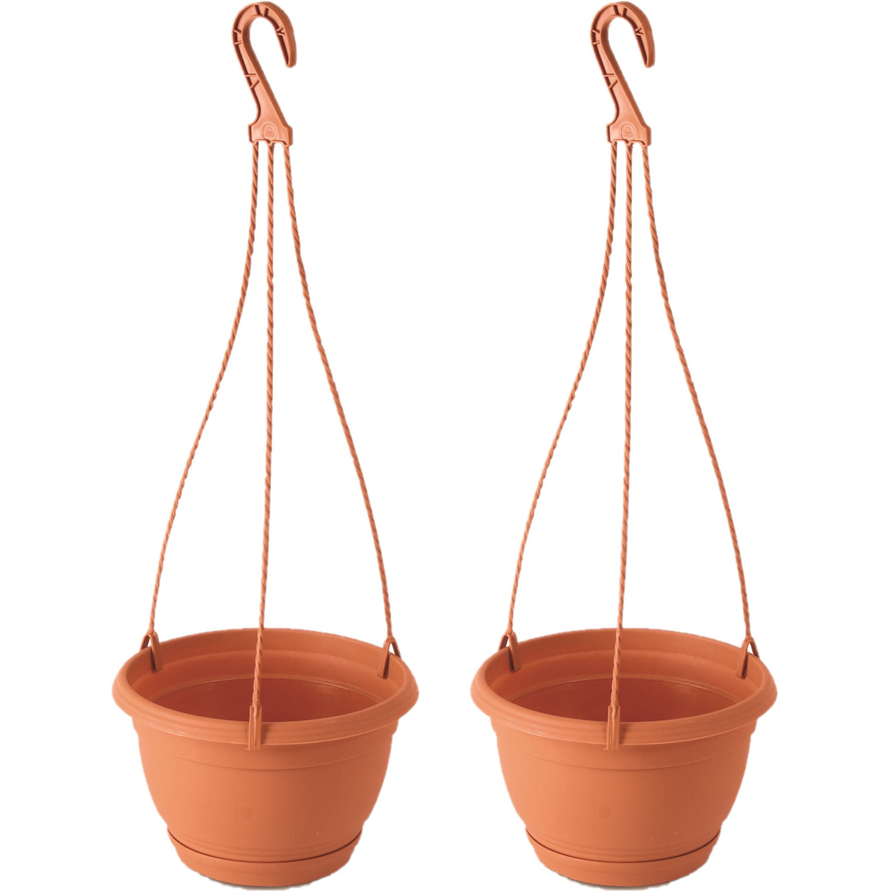 2x Stuks hangende kunststof Agro terracotta bloempot-plantenpot met schotel 2 liter