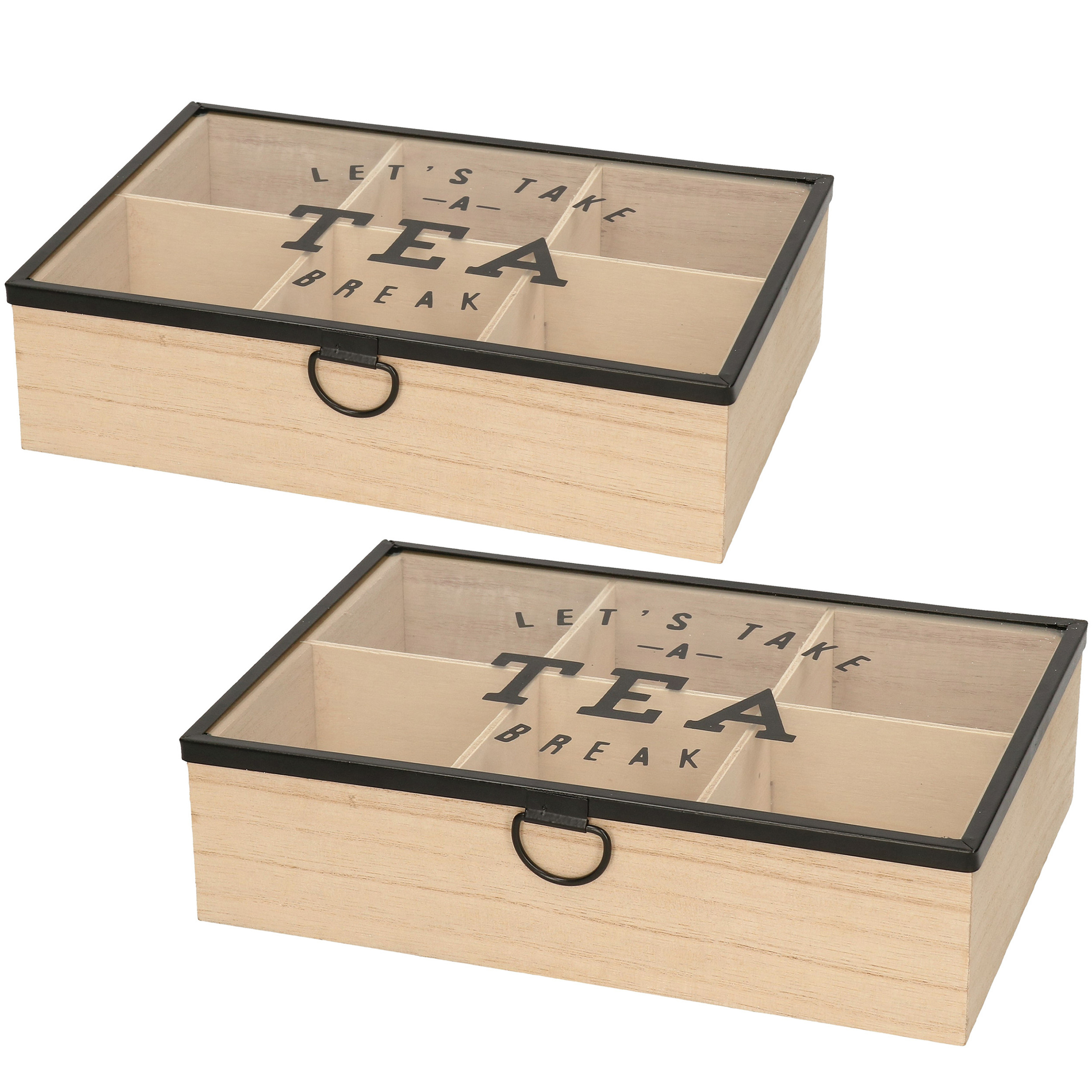 2x stuks houten theedoos bruin Tea break 6-vaks 25 cm