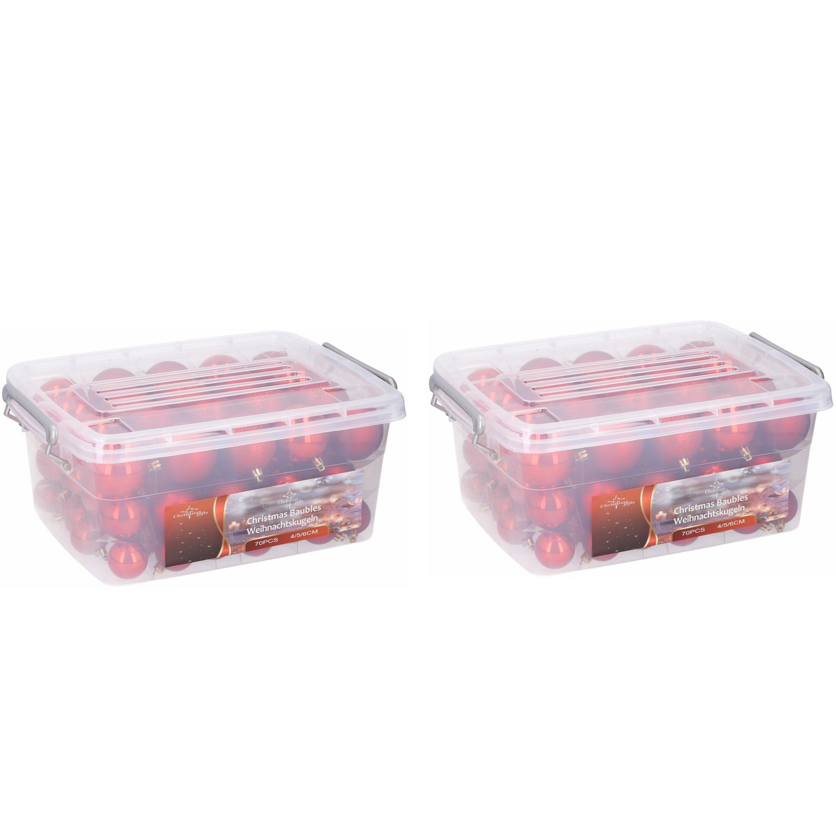 2x Opbergboxen/bewaarboxen met 70 rode kunststof kerstballen pakket - voordelige, kunststof kerstballen