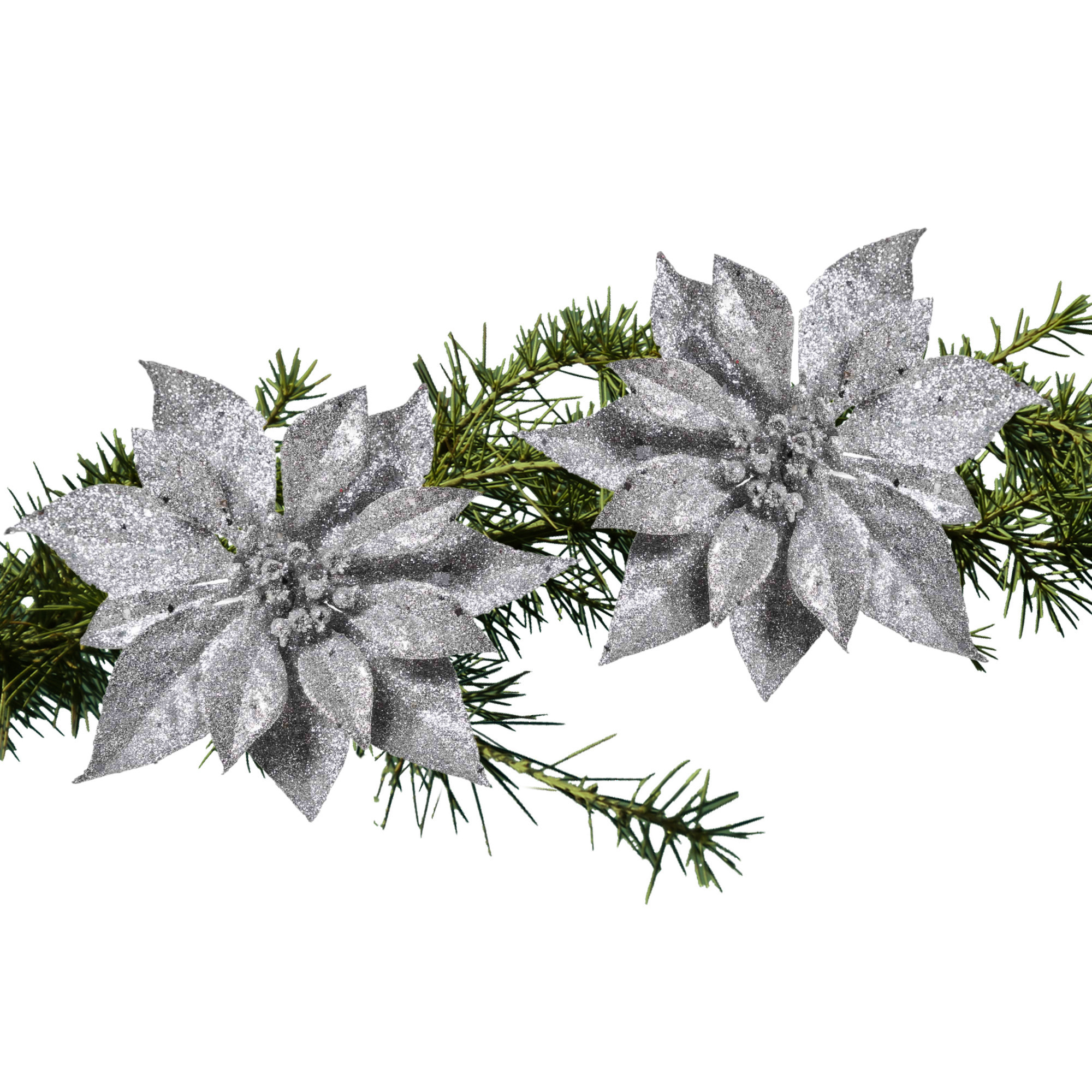 2x stuks kerstboom bloemen op clip zilveren kerstster 18 cm
