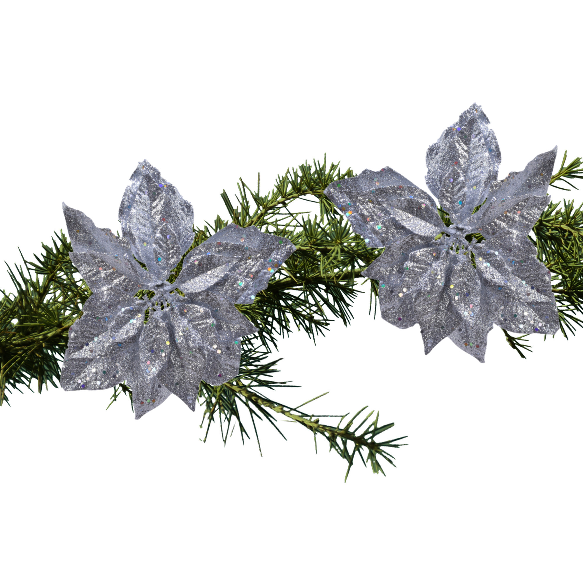 2x stuks kerstboom decoratie bloemen zilver glitter op clip 23 cm