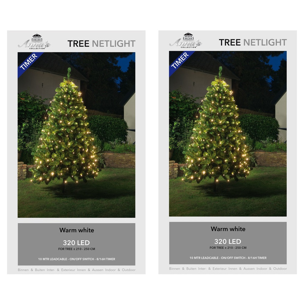 2x stuks kerstboom lichtnetten-netverlichting met timer 320 lampjes warm wit