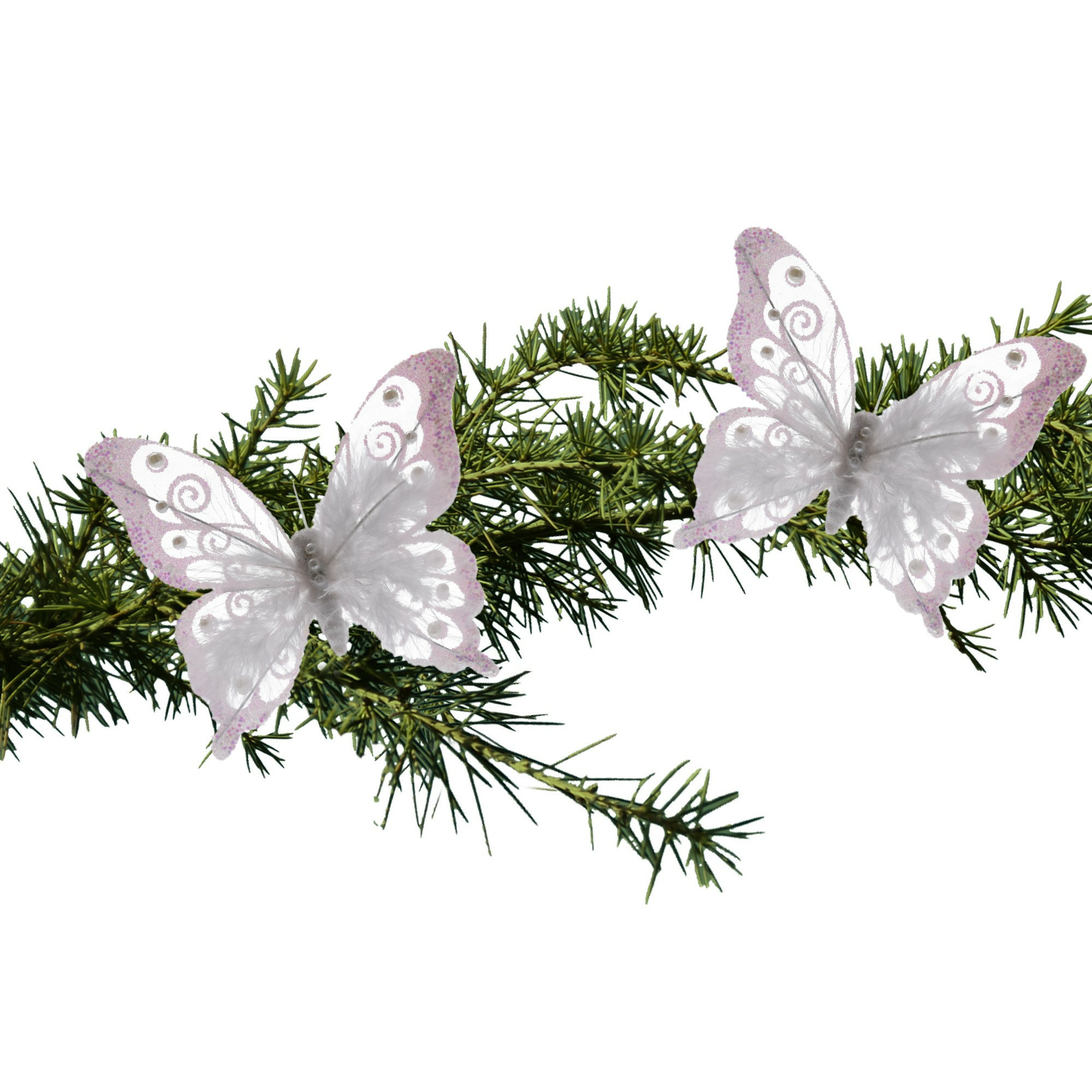 2x stuks kerstboom vlinders op clip wit 15,5 cm