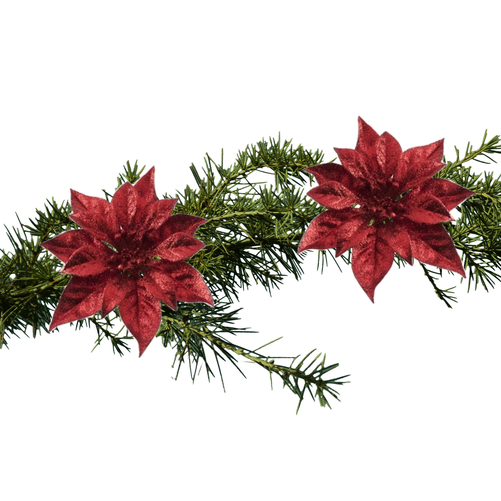 2x stuks kerstboomversiering bloemen op clip rode kerstster 18 cm