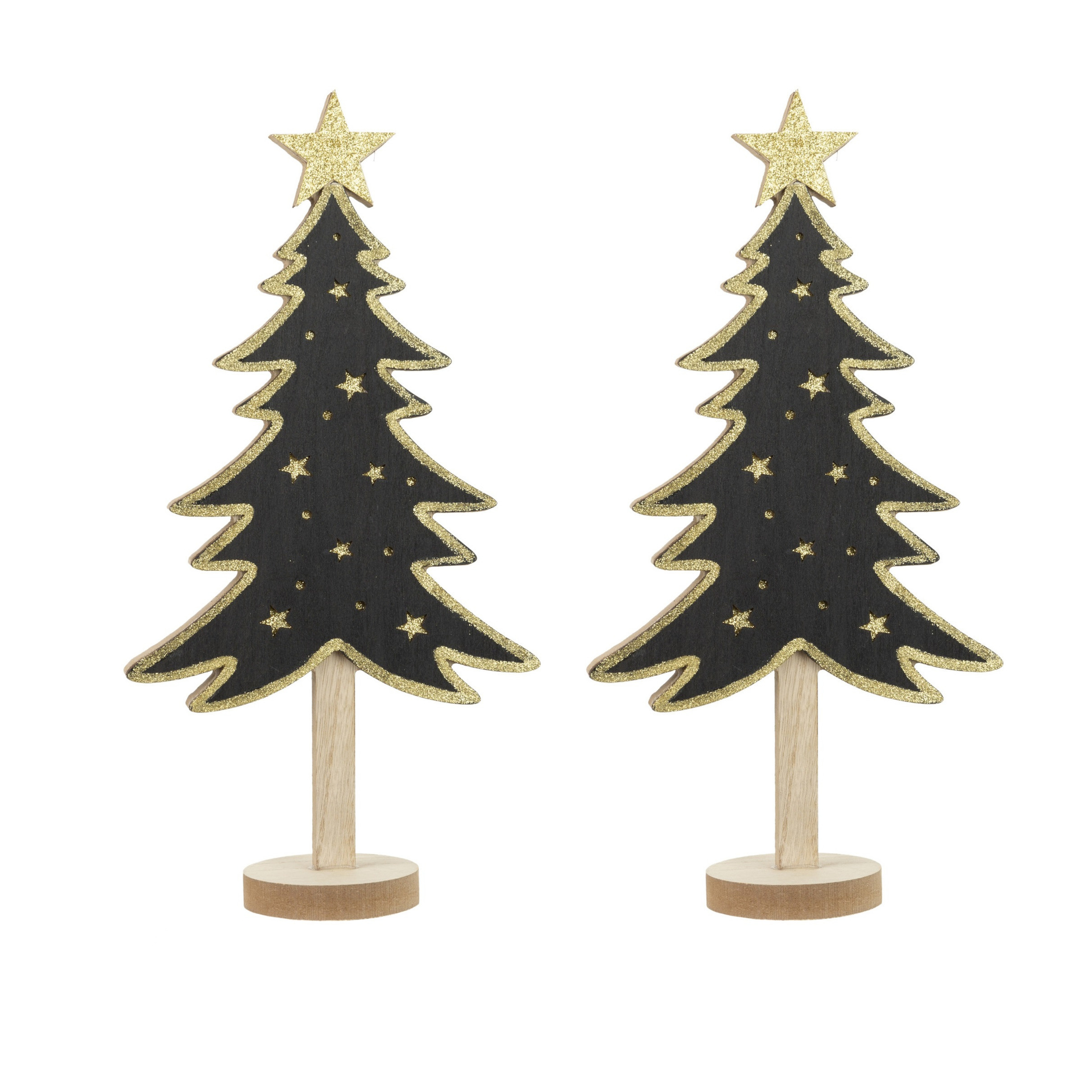 2x stuks kerstdecoratie houten decoratie kerstboom zwart met gouden sterren B18 x H36 cm