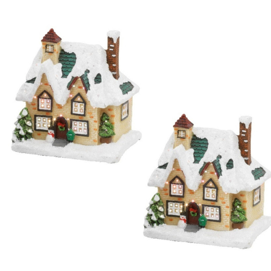 2x stuks kerstdorp kersthuisjes huizen met verlichting 9 x 11 x 12,5 cm