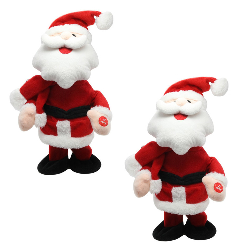 2x stuks kerstman knuffel poppen dansend 30 cm bewegende kerstfiguren/kerstpoppen -