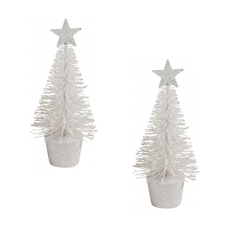 2x stuks kerstversiering witte glitter kerstbomen-kerstboompjes 15 cm