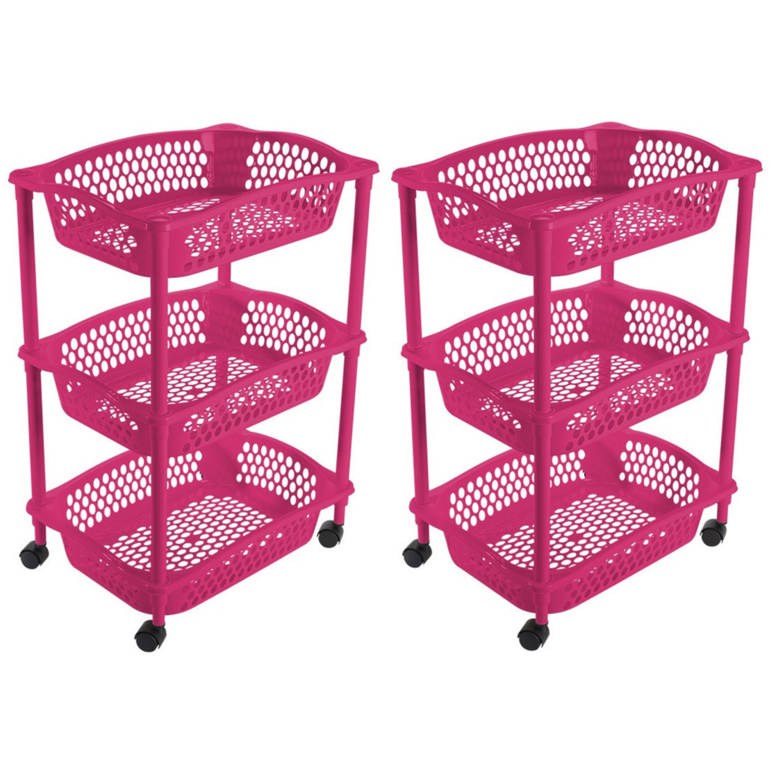 2x stuks keuken opberg trolleys-roltafels met 3 manden 62 cm fuchsia roze