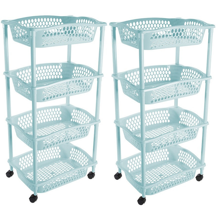 2x stuks keuken opberg trolleys-roltafels met 4 manden 86 cm lichtblauw