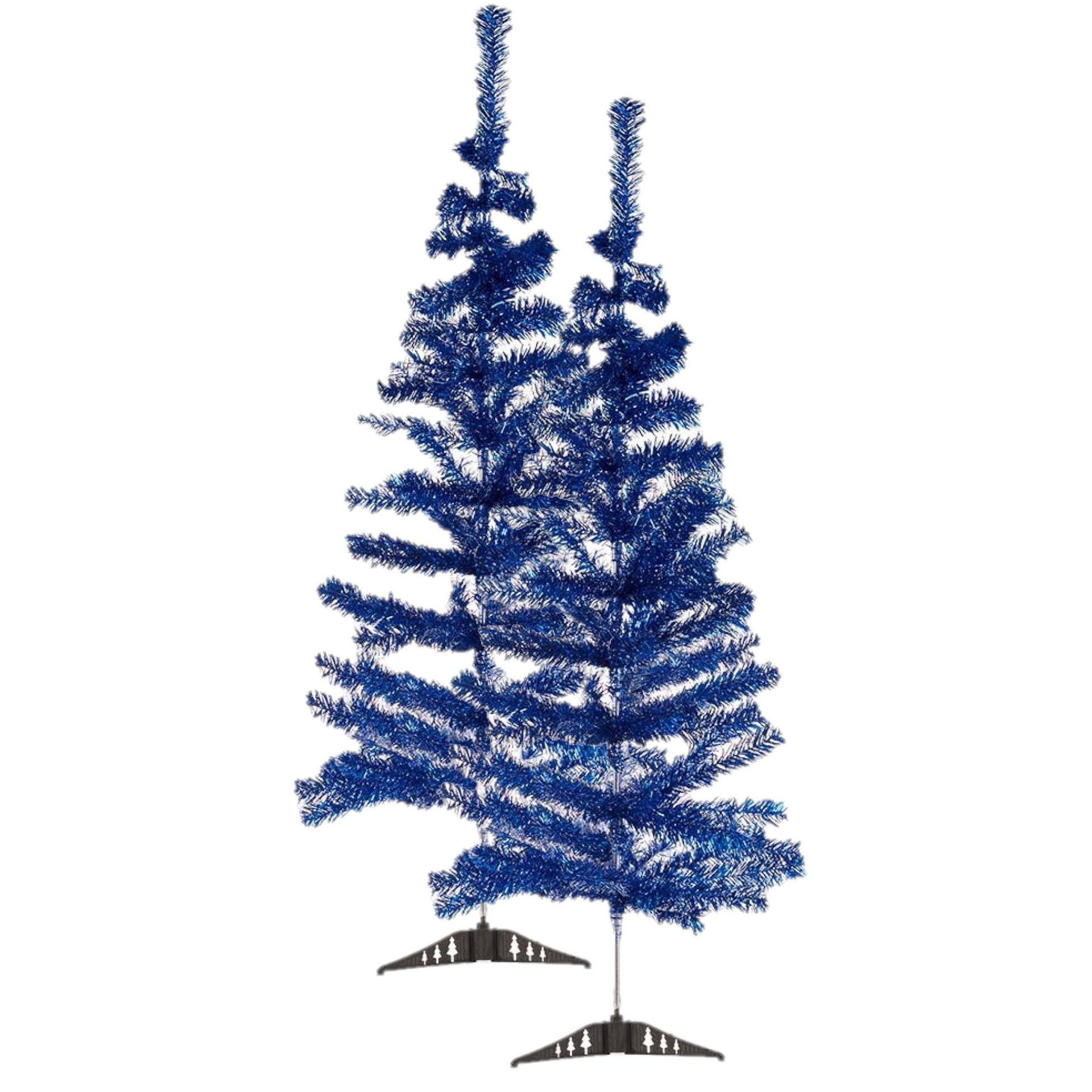 2x stuks kleine ijsblauwe kerstbomen van 120 cm