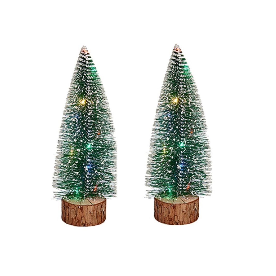 2x stuks kleine-mini decoratie kerstboompjes van 25 cm met gekleurde LED lichtjes