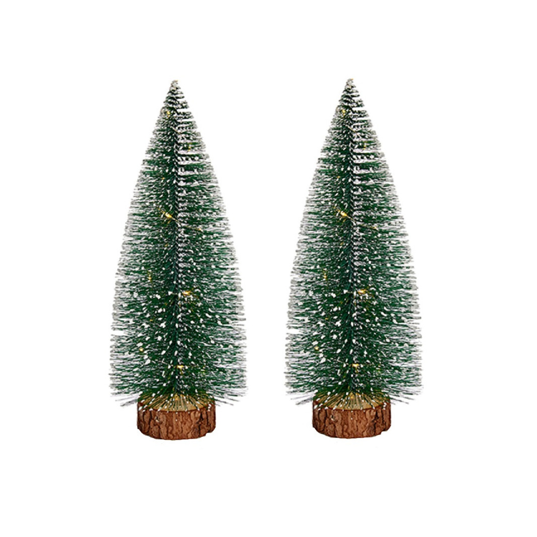 2x stuks kleine-mini decoratie kerstboompjes van 35 cm met witte LED lichtjes