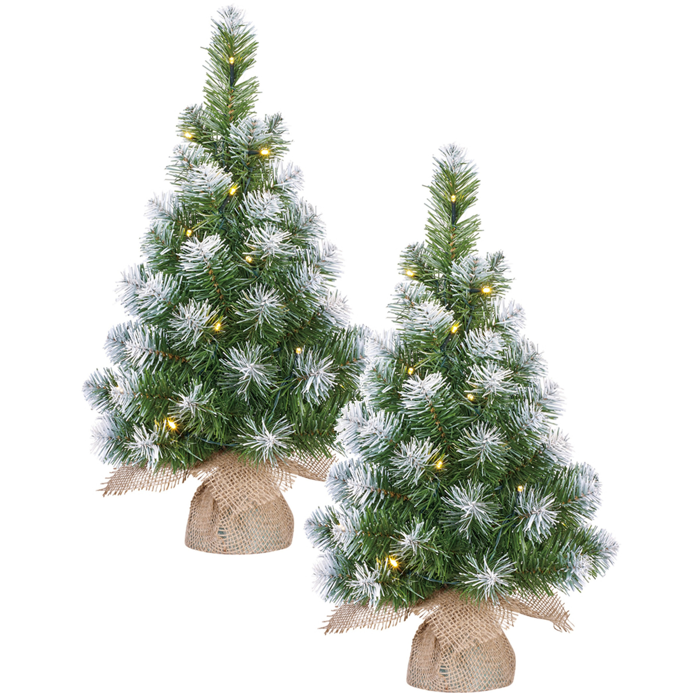 2x stuks kunst kerstboom-kunstboom in jute zak met verlichting en sneeuw 60 cm