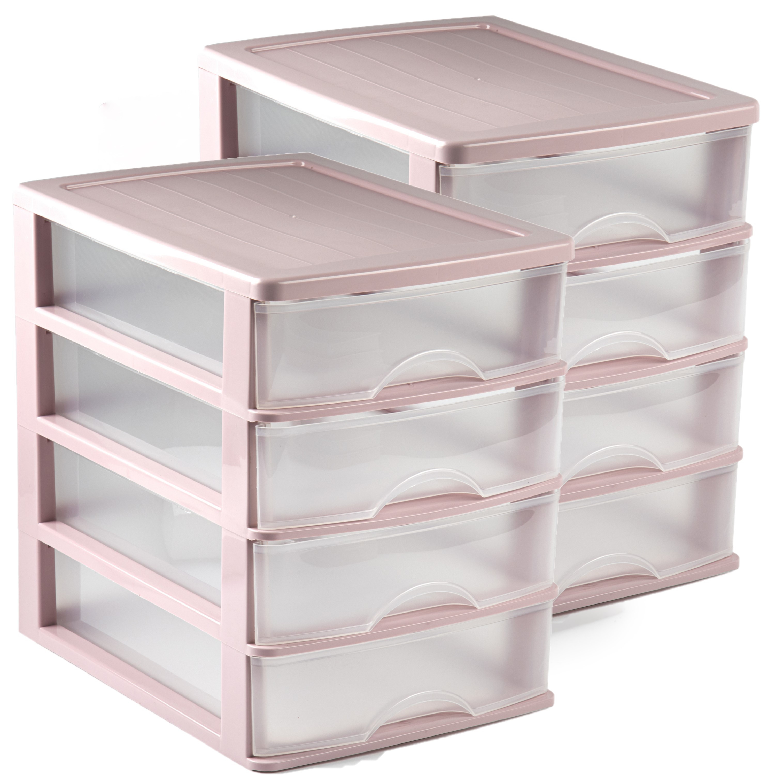 2x stuks ladeblok-bureau organizer met 4 lades roze-transparant L 35,5 x B 27 x H 35 cm