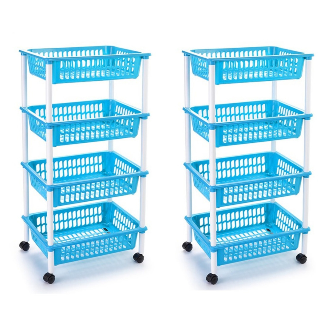 2x stuks lichtblauwe opberg trolley-roltafel met 4 manden 85 cm