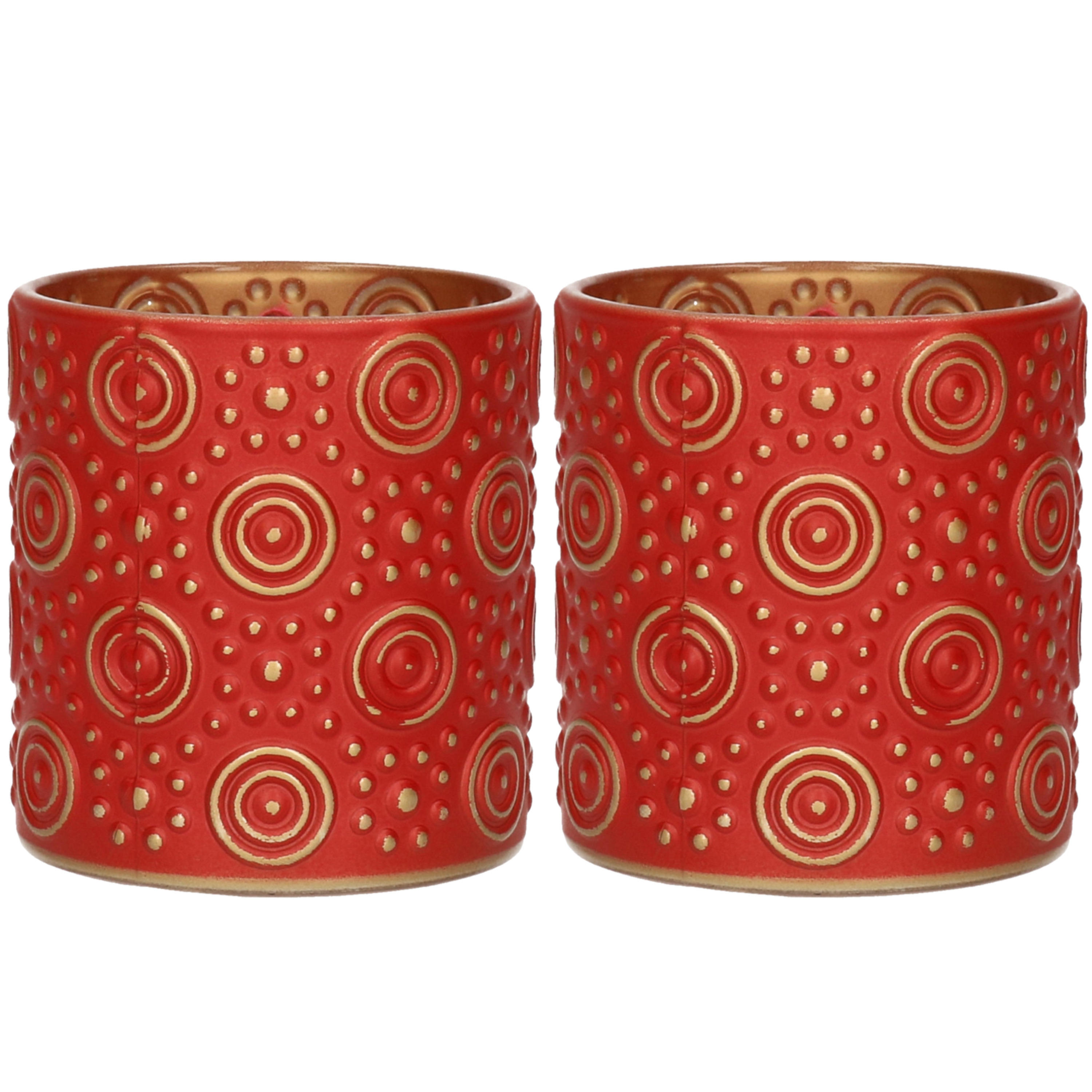 2x stuks luxe theelichthouder-kaarsenhouder rood-goud glas D7 x H8 cm