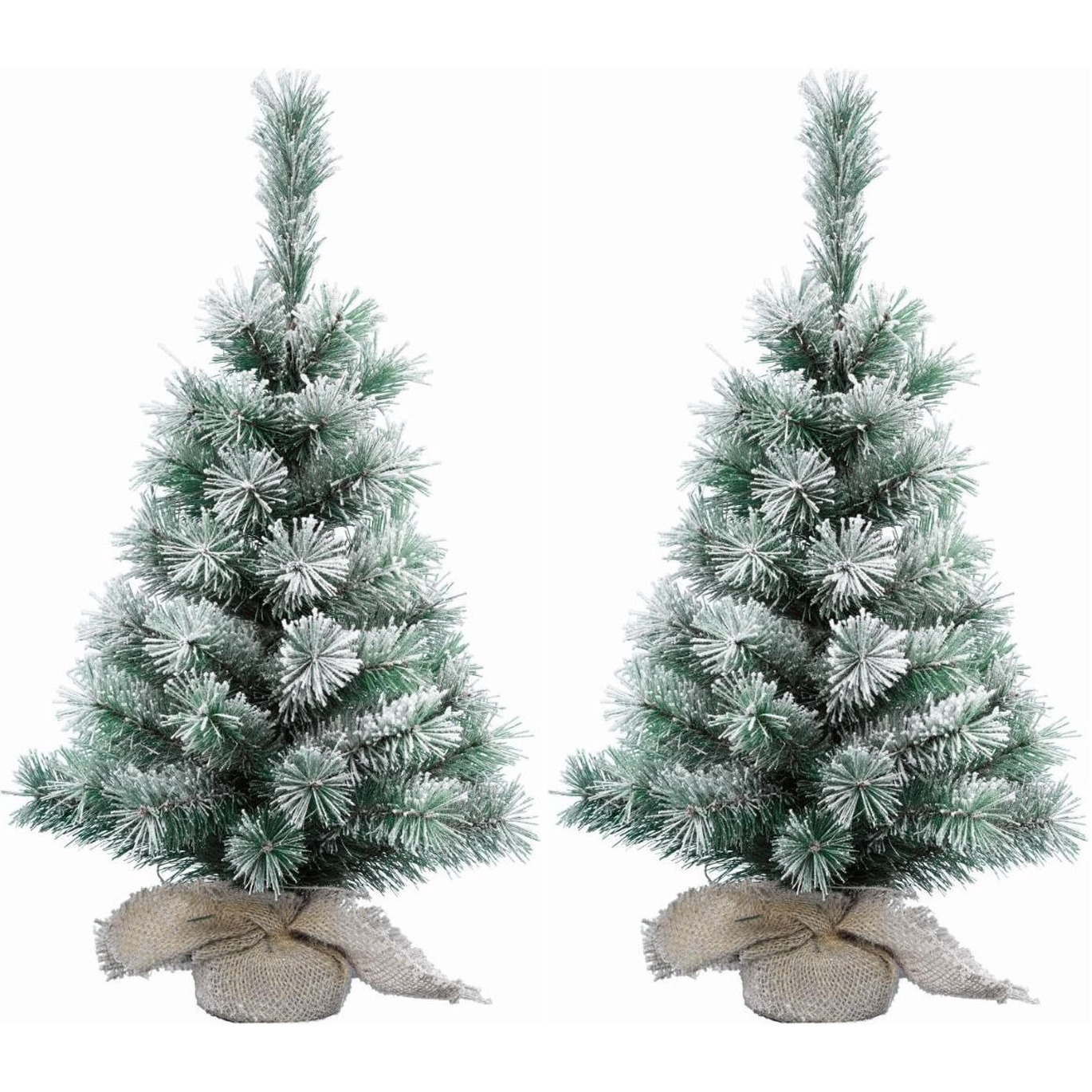 2x Stuks mini kerstboom met sneeuw 60 cm in jute zak