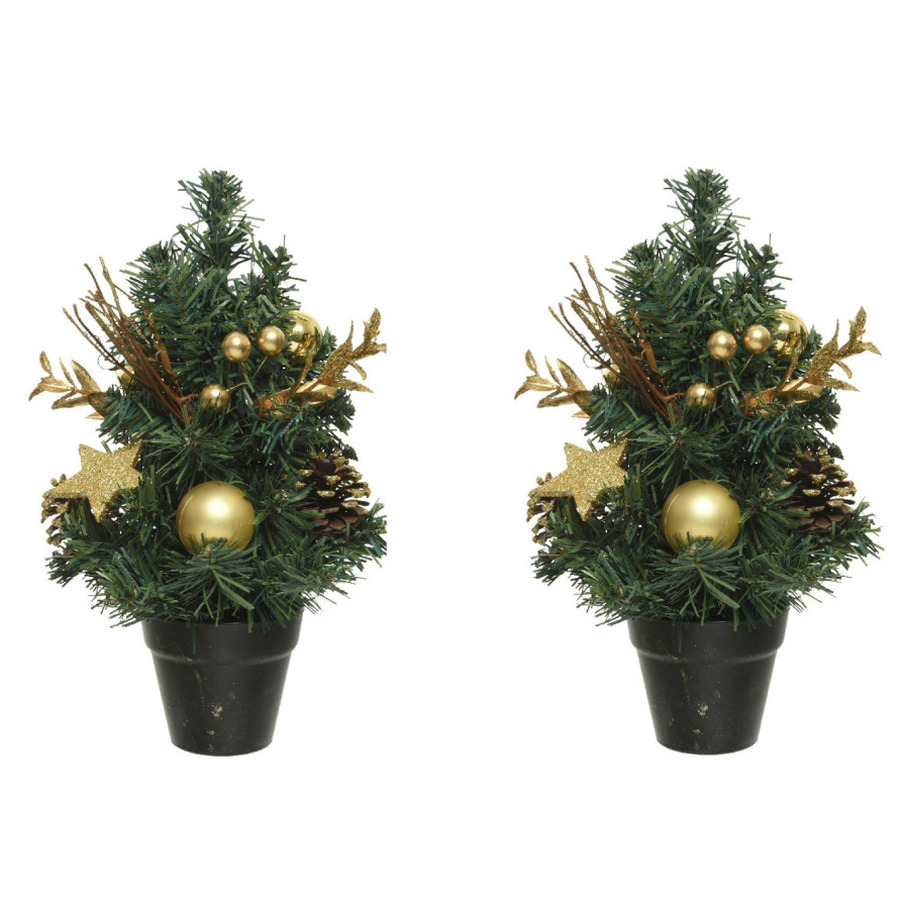 2x stuks mini kunst kerstbomen-kunstbomen met gouden versiering 30 cm