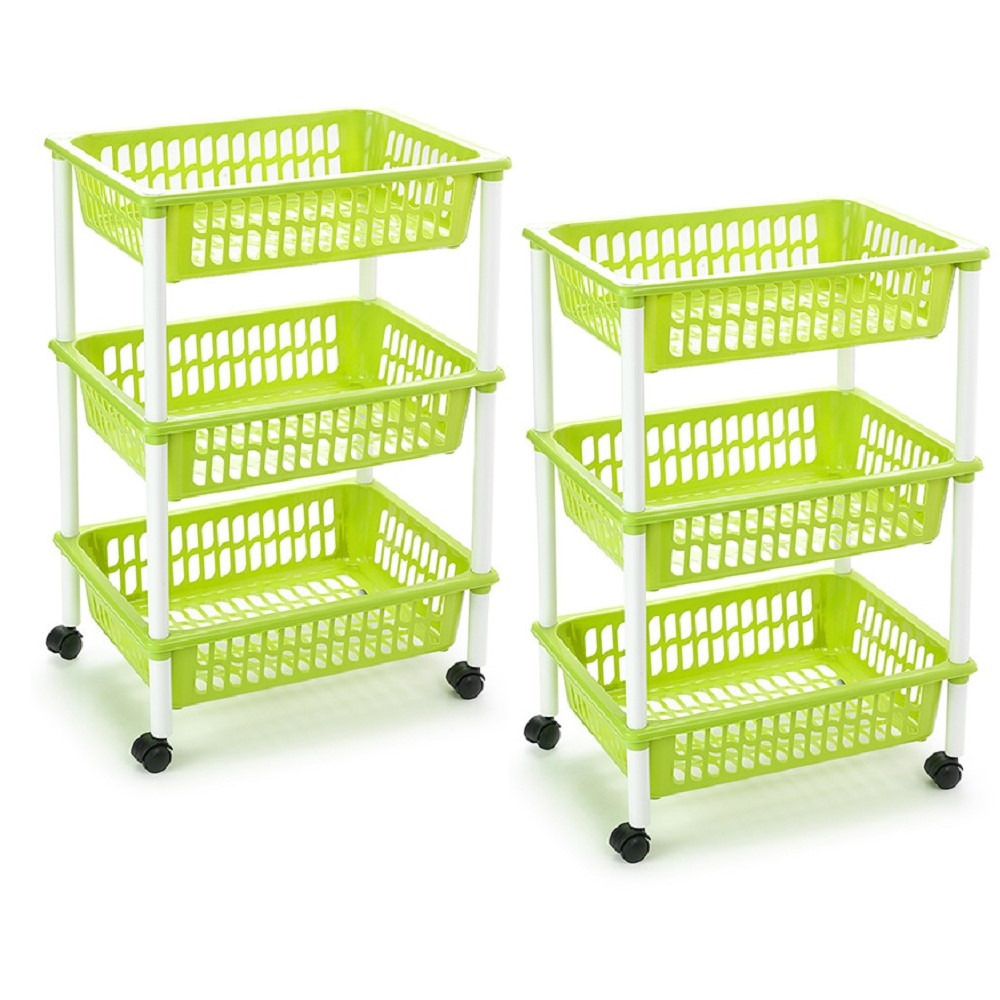 2x stuks opberg organiser trolleys-roltafels met 3 manden 62 cm in het groen