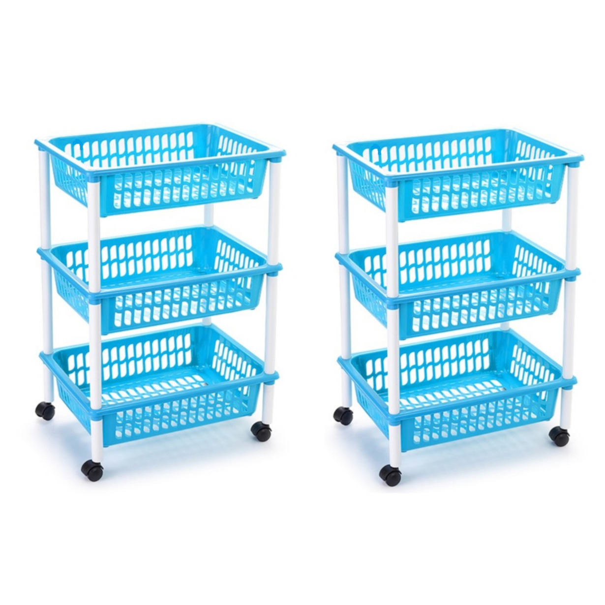 2x stuks opberg trolley-roltafel-organizer met 3 manden 40 x 30 x 61,5 cm wit-lichtblauw