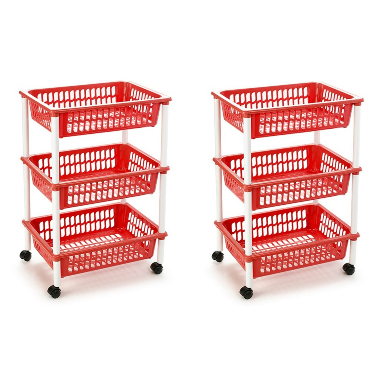 2x stuks opberg trolley-roltafel-organizer met 3 manden 40 x 30 x 61,5 cm wit-rood