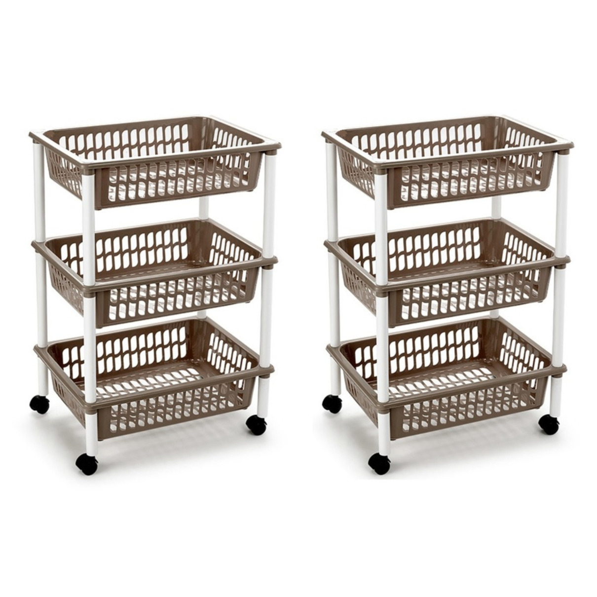 2x stuks opberg trolley-roltafel-organizer met 3 manden 40 x 30 x 61,5 cm wit-taupe