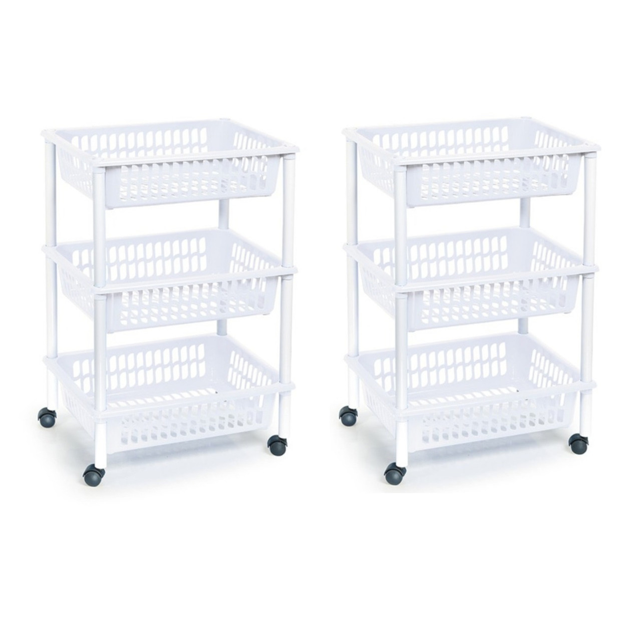 2x stuks opberg trolley-roltafel-organizer met 3 manden 40 x 30 x 61,5 cm wit-wit