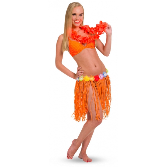 2x stuks oranje Hawaii party verkleed rokje